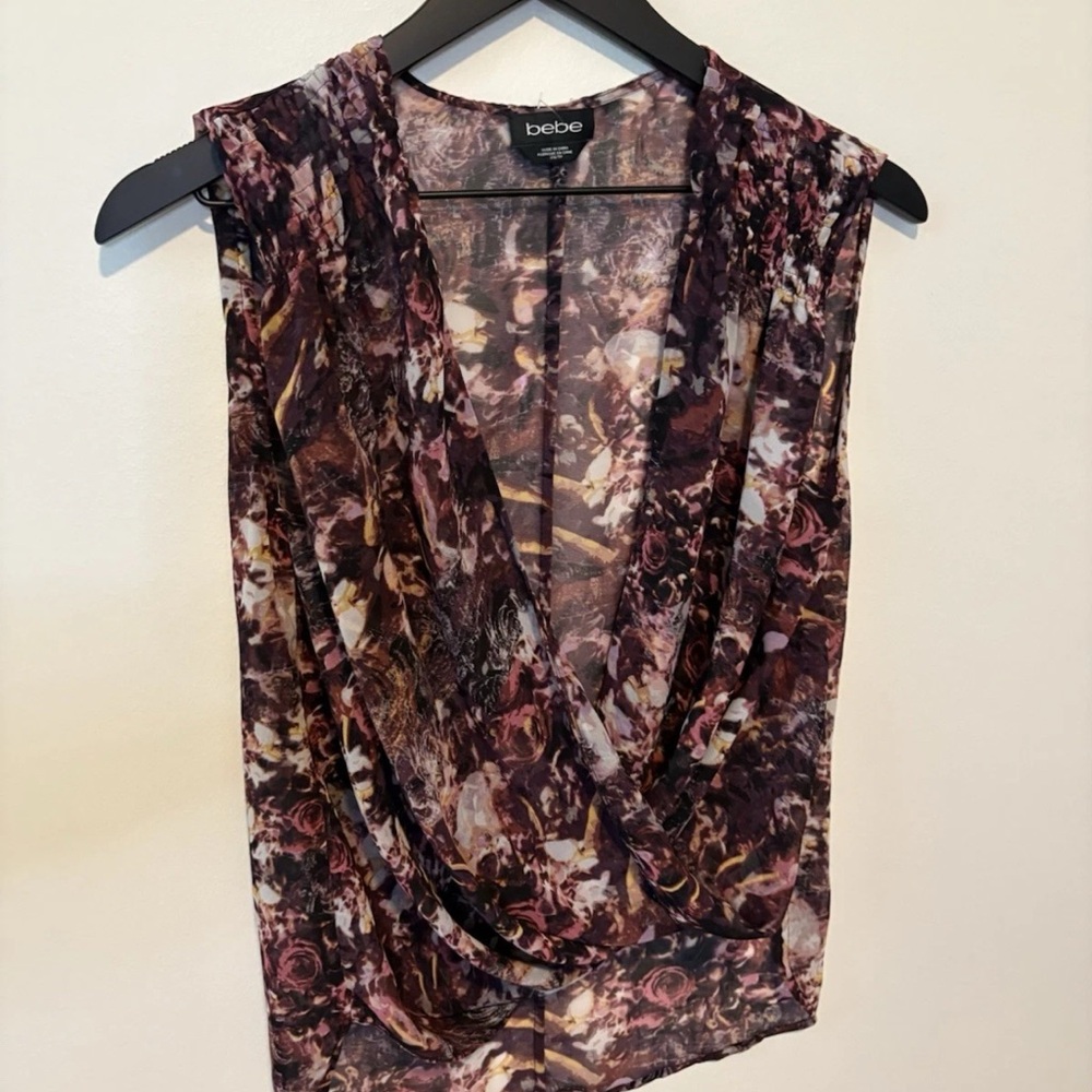 Floral Dark Romance Plunge Y2K Going Out Top Bebe Clubwear Cowl Size XS